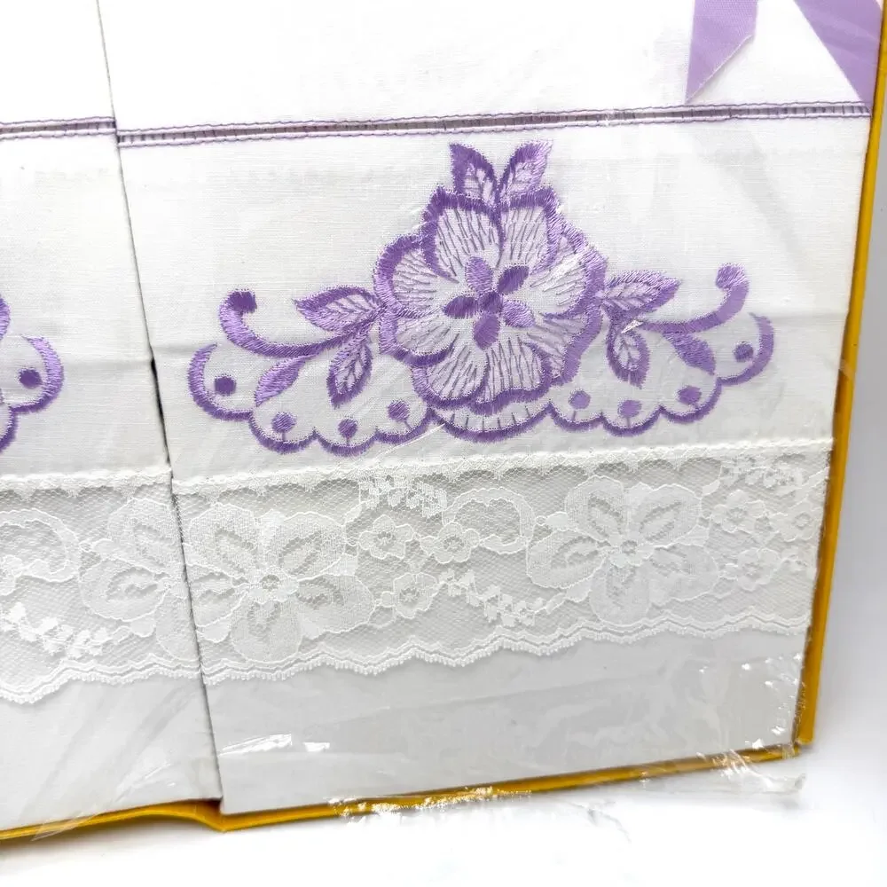 2 Vintage Lady Christina Embroidered Pillowcases Percale Purple Flowers Lace